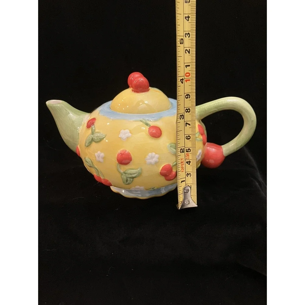 Oneida Cherries Jubilee Yellow Red Floral Ceramic Country Teapot Discontinued